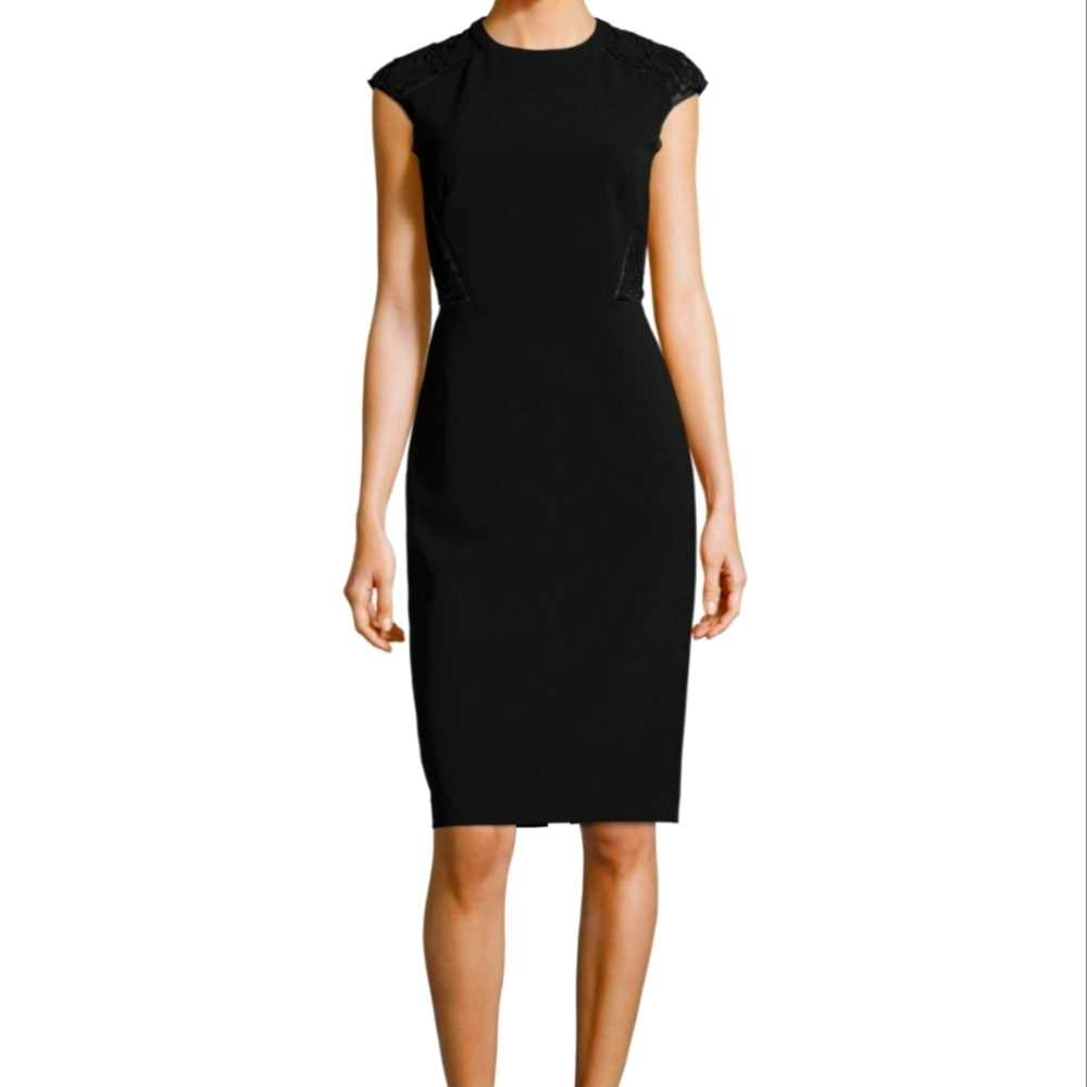 Lafayette 148 Black Cap Sleeve Back Zip Sheath Dress.